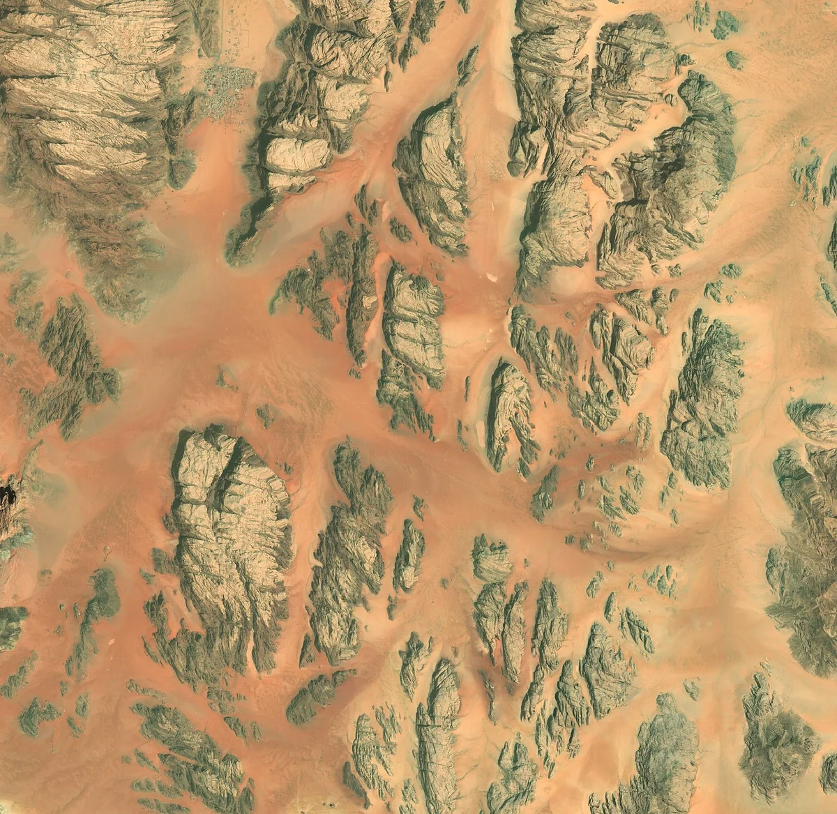 Vue satellite du Wadi Rum avec les grands secteurs d’escalade
